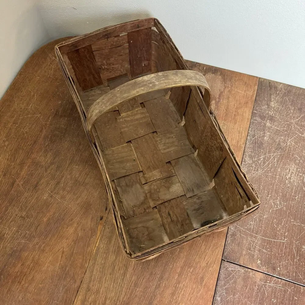 Vintage Primitive Woven Splint Wood Harvest Basket with‎ Fixed Handle Brown